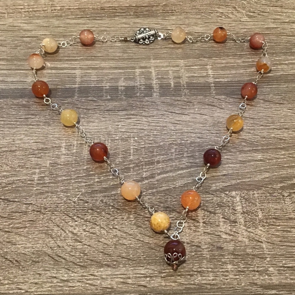 Sterling Silver Orange Agate Beaded Chain Necklace with Toggle Clasp 31" Long